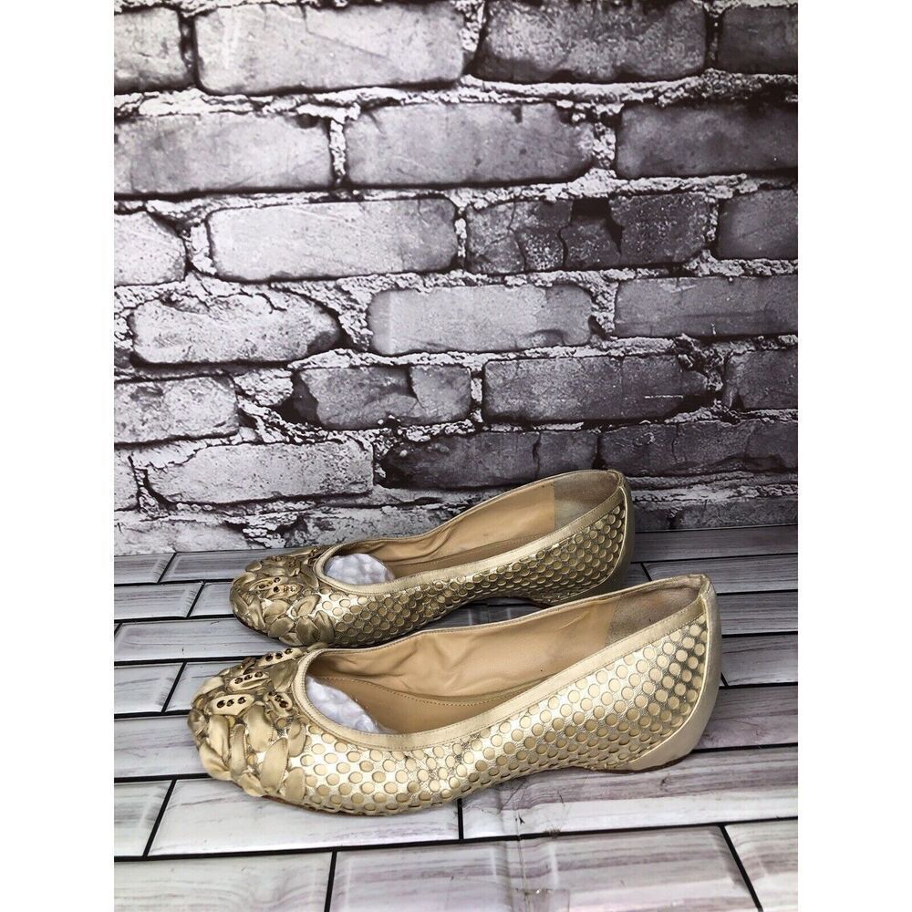 Rodo Beige Gold Silk Gem Rhinestone Low Pump Ballet Flats Women sz 38EU/7.5M US